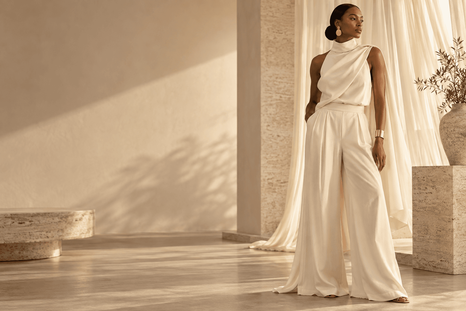 Woman wearing an elegant ivory Hautebymimi-inspired ensemble