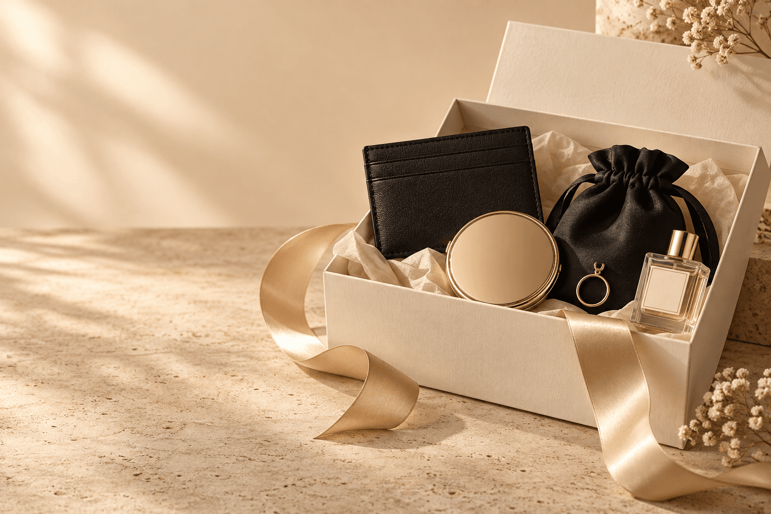 Luxury gift box with leather, jewellery, fragrance and beauty accessories