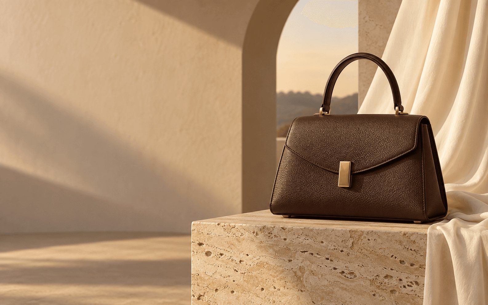 Espresso leather bag on a warm travertine pedestal